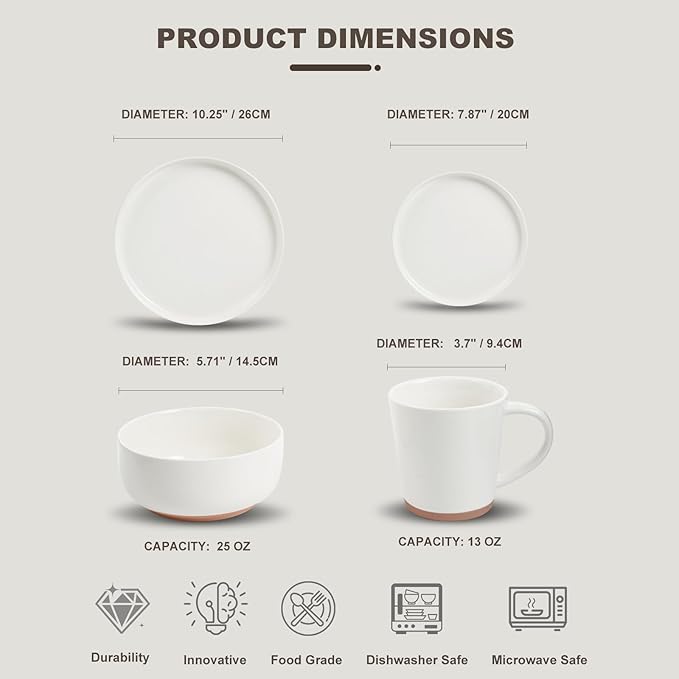 EWFEN 16-Piece Ceramic Dinnerware Sets with Mugs for 4 Handpainted Plates and Bowls Set with Rustic Terracotta Underside Scratch Resistant Dishes Set Dishwasher &amp Microwave Safe