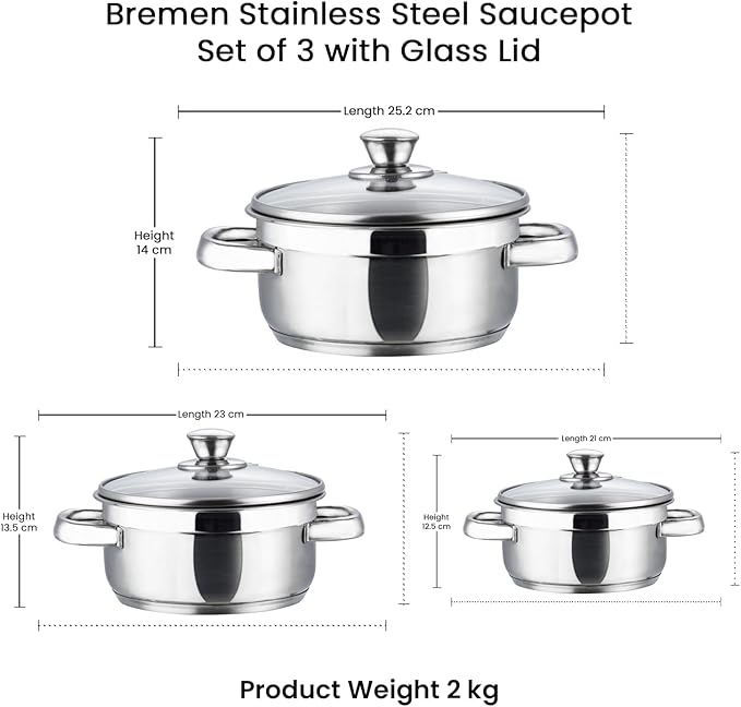 Vinod Bremen Stainless Steel Saucepot Set of 3 with Glass Lid | 2.5mm Thick Base | Riveted Sturdy Handle | | Induction and Gas Base - Silver