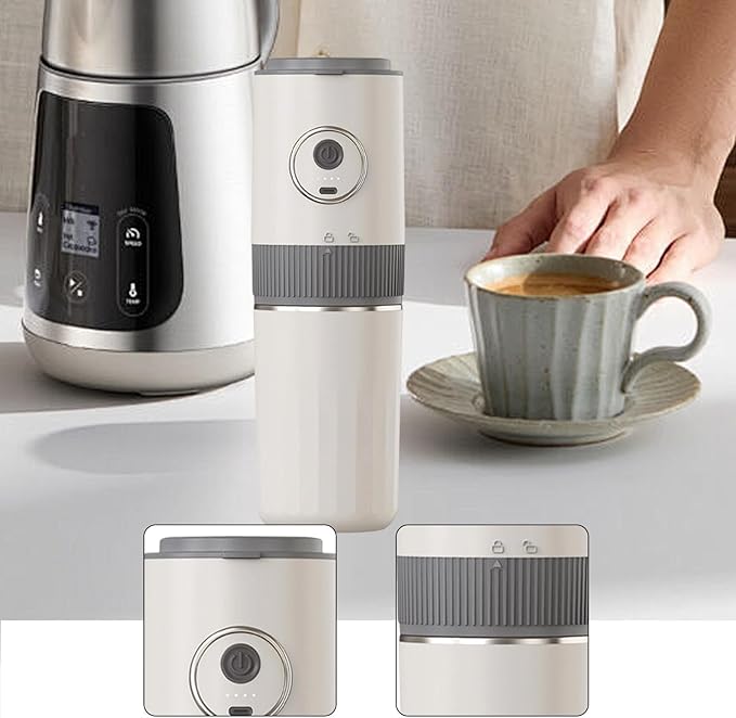 Compact and Versatile Portable Electric Coffee Maker with Coffee Grinder Dripper and Cup for Home Fishing and Outdoor Use Beige