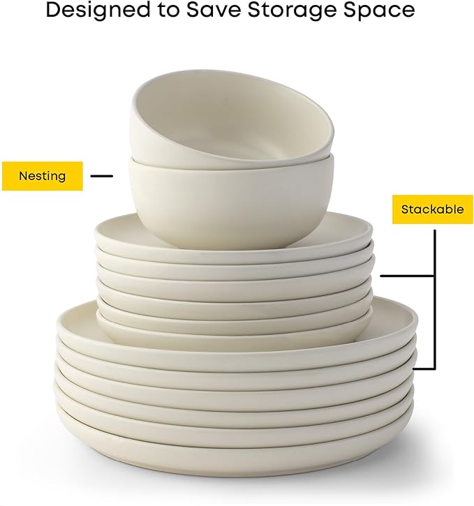 JoyJolt Mesa Stoneware Dinnerware Set 18-Piece Plates and Bowls Sets Includes Dinner - Salad and Cereal and Soup Bowls Modern Farmhouse Matte (Linen) White Dish Set for 6