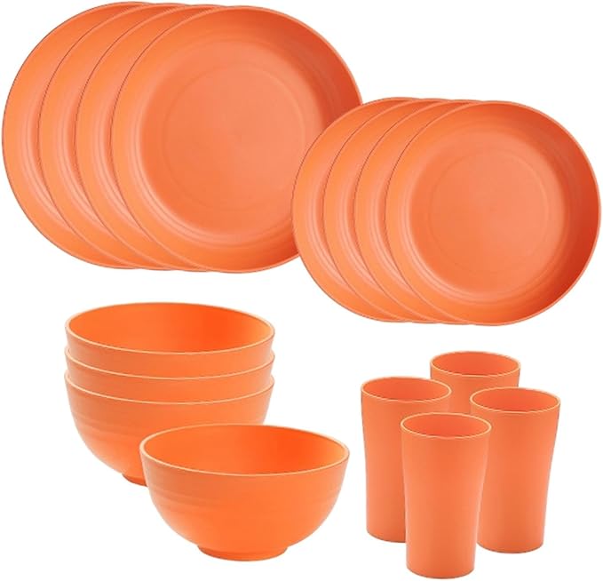 Dinnerware Sets Non Breakable Service for 4 Round Minimalist Matte Dishes Cups for Party Home RV Outdoor Camping Kitchen Orange