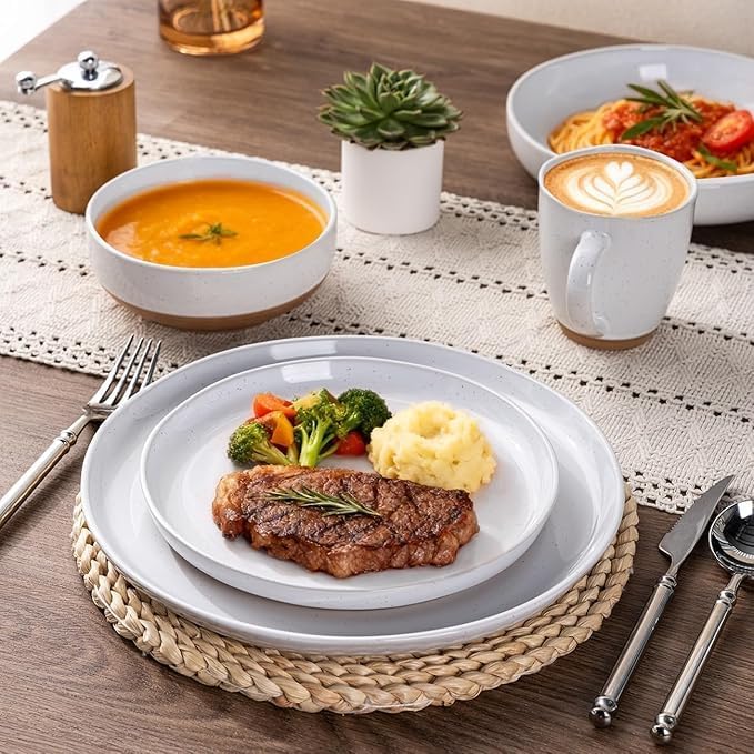 GBHOME 24-Piece Ceramic Dinnerware Set for 6 Handpainted Plates Pasta Bowls &amp Bowls Set with Rustic Terracotta Underside Scratch-Resistant Dishwasher &amp Microwave SafeSpeckled Glaze White