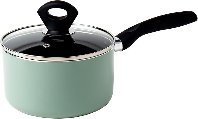 Basic Essentials 4-Piece Nonstick Aluminum Starter Cookware Set Fry Pan Skillet Saucepan Pot with Glass Lid and Nylon Spatula Turner Sage