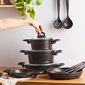 Karaca Blackgold Biogranite Cookware Set with Kitchen Utensil Set 13 Pcs 5 Cookware Pot and Pan with Lids 5 Utensils Non-Stick Coating Convenient Dishwasher Safe Easy to Clean