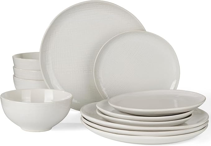 Famiware Moonlight Plates and Bowls Sets 12 Pieces Stoneware Dinnerware Sets with Linen Finish Handmade Dishware Set for 4 Microwave and Dishwasher Safe Chip and Scratch Resistant White