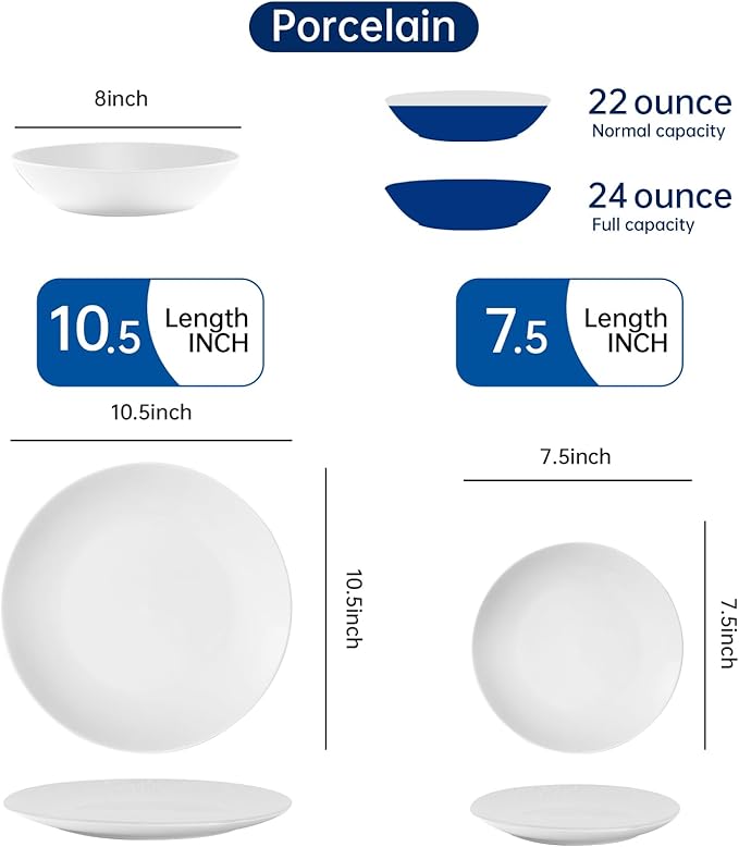 Bestone 12-Piece Round Porcelain Dinnerware Set Service for 4 Chip Resistant Plates and BowlsWhite Dishwasher &amp Microwave Safe for Home Daily Use