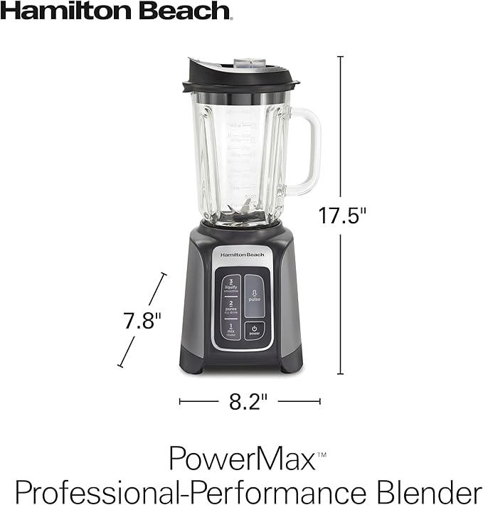 Hamilton Beach PowerMax Professional-Performance Blender for Shakes and Smoothies Puree and Ice Crush 48oz BPA-Free Glass Jar 1680 Peak Watts Stainless Steel Blades Gray (58600J)
