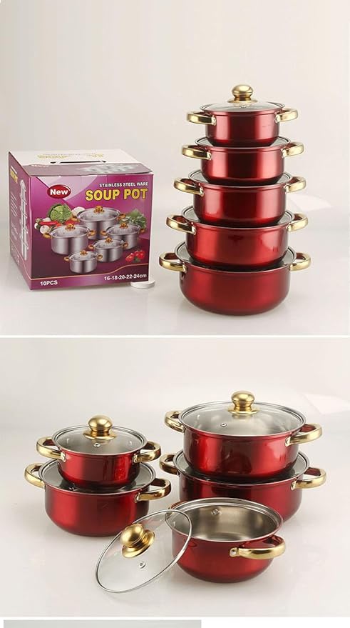 10PCS Stainless Steel Cookware Sets Nonstick Cookware Pot Dishwasher Safe Pots with Glass Lids for Soup Pasta Stew Rice Healthy Everyday Use for Gas Electric Halogen Ceramic Induction Hobs 05