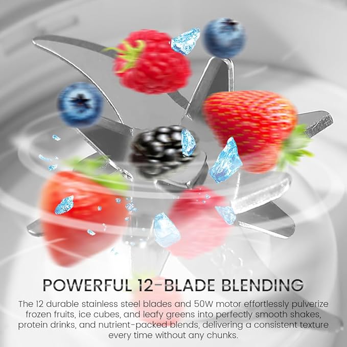 Portable Personal Blender USB Rechargeable with 12 Stainless Steel Blades Mini Blender for Smoothies Travel Gym and Outdoor Adventures