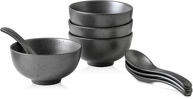 Stone + Lain Valencia Porcelain 8-Piece Round Bowl and Spoon Serving Set Metallic Grey