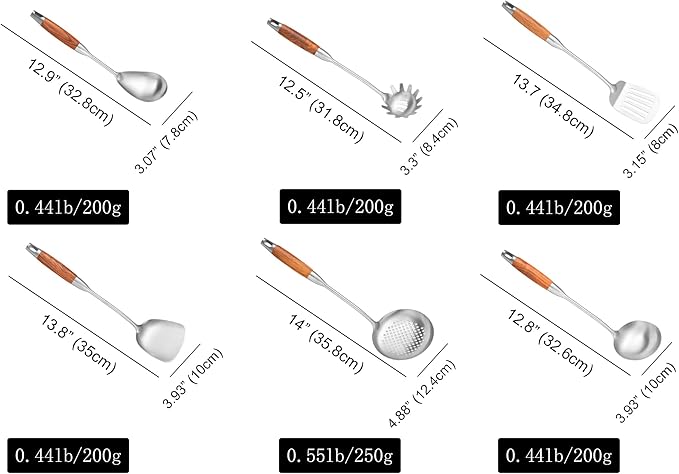 Stainless Steel Cooking Utensils with Wooden Handle 6 PCS Stainless Steel Kitchen Utensils 12.5-14 Wok Spatula Ladle Skimmer Slotted Spatula Turner Spaghetti Spoon Large Spoon