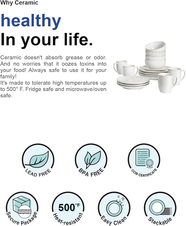 LE TAUCI 16 Piece Dinnerware Set Arctic White Stoneware Plates and Bowls With Mugs Ideal for 4 Serve for 4 Stackable Lead and Cadmium Free