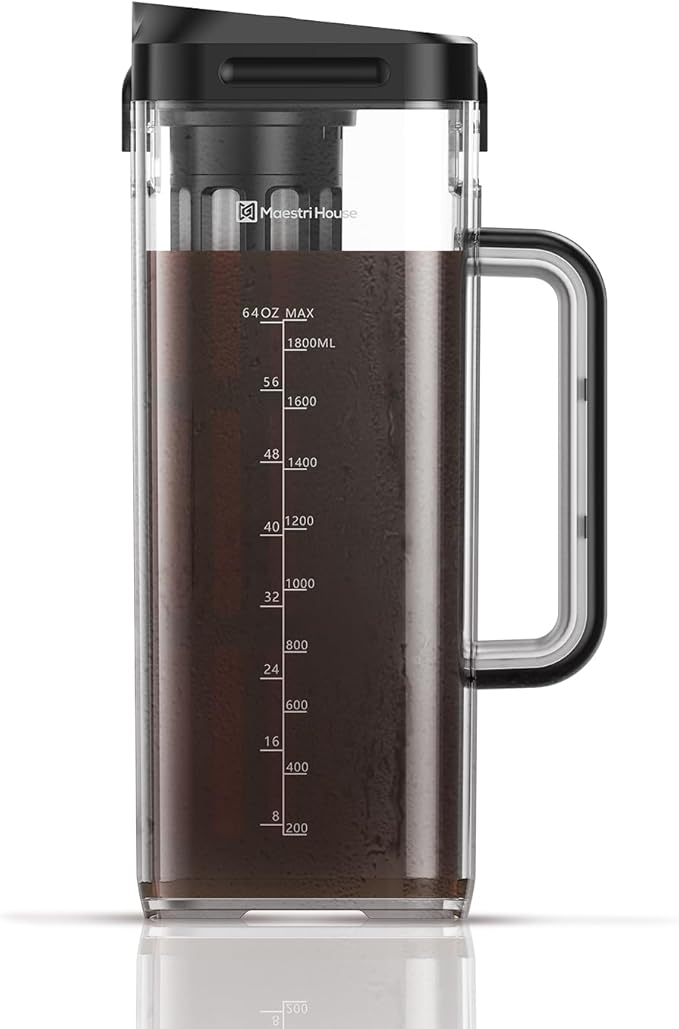 Maestri House Compact Cold Brew Coffee Maker 64oz Iced Tea and Coffee Maker Brewer Space Saving Tritan Pitcher 350 Mesh Filter 100% Leak-Proof