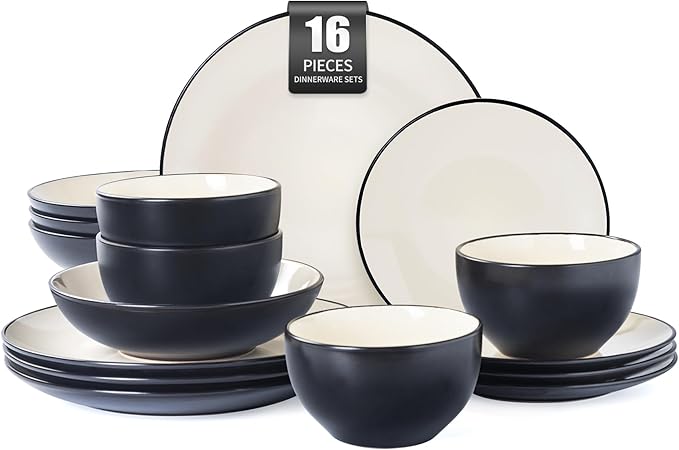 Plates and Bowls Sets for 4 - CJDC-QUELO 16-Piece Stoneware Dinnerware Sets Ceramic Dishware Set for Indoor Kitchen Use and Formal Dining Chip and Scratch Resistant Microwave Dishwasher Safe Ivory