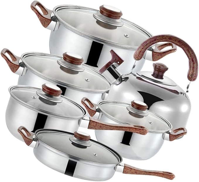 Alipis 12-Piece Stainless Steel Cookware Set Including Frying Pan Saucepan Stockpot and Kettle Heavy-Duty Kitchen Cooking Pots for Noodles Soups