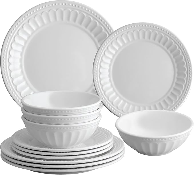 UPware 12 Piece Chateau Melamine Dinnerware Sets Outdoor Dishes Set Plates and Bowls Sets Service for 4 White