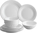 UPware 12 Piece Chateau Melamine Dinnerware Sets Outdoor Dishes Set Plates and Bowls Sets Service for 4 White