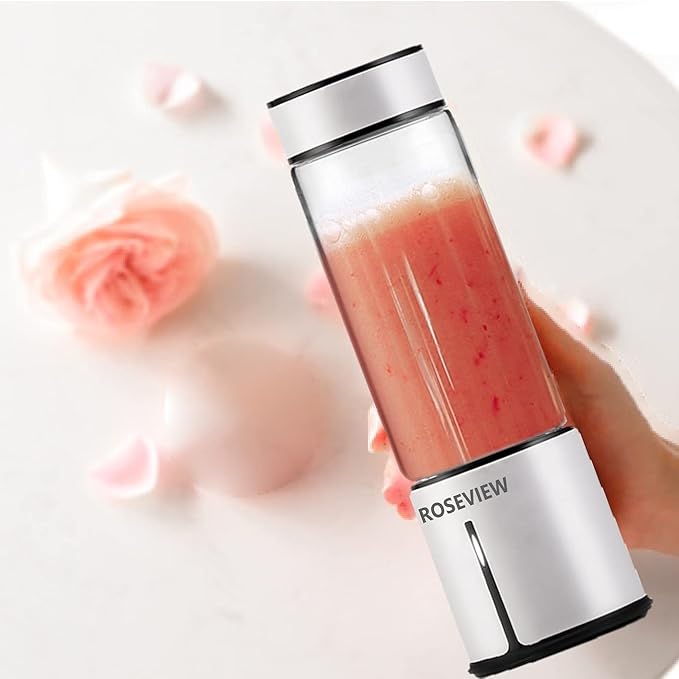 Portable Smoothie blender ROSEVIEW Glass bottle USB rechargeable mini Handheld Ice Shakes Cup 2 blend juicer Cordless Personal smoothies maker Fruit mixer (Egg White)