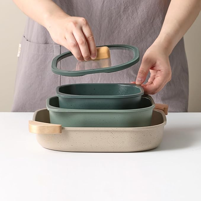 FIKA Objet Comfort 7-Piece Kitchen Nonstick Healthy Cooking Cookware Set with Lid Detachable Handle Induction Compatible All-in-One Kitcheware Easy to Store Great Gift Made in Korea (GREEN)