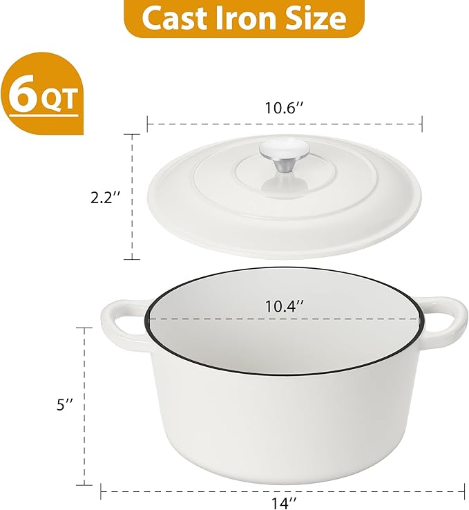 LIANYU Stoneware Dinnerware Sets 6 QT Enameled Cast Iron Dutch Oven 12 Piece Dinner Dish Set for 4 Kitchen Plates and Bowls Sets Nonstick Dutch Oven with Lid White