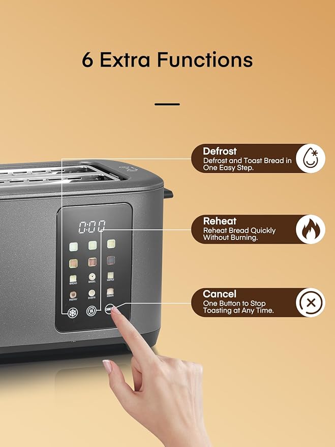 4 Slice Toaster Touch Screen Control Long Extra Wide Slots Smart Bread Toaster 6 Bread Types &amp 6 Shade Settings Stainless Steel with Removable Tray Cancel/Defrost/Reheat Function Grey