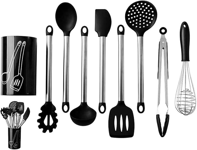Kitchen Cooking Utensils Set 9-Piece Silicone Handle Cookware Set with Non-Stick Spatula Ladle Tongs Pasta Server Whisk &amp More Food-Grade Stainless Steel