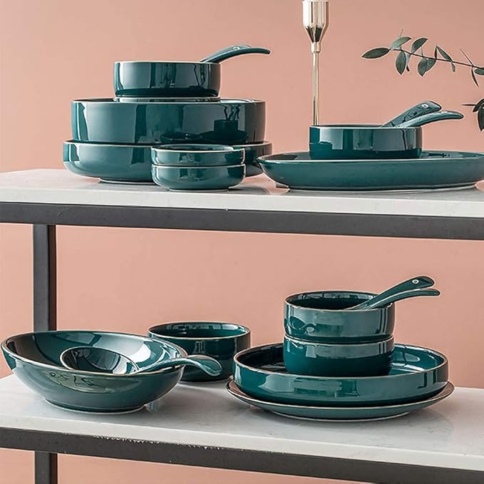 Ceramic Dinner Sets Bowl/Dish/Spoon|Green Gold Rim Pattern Dinnerware Set Nordic Minimalist Style Porcelain Combination