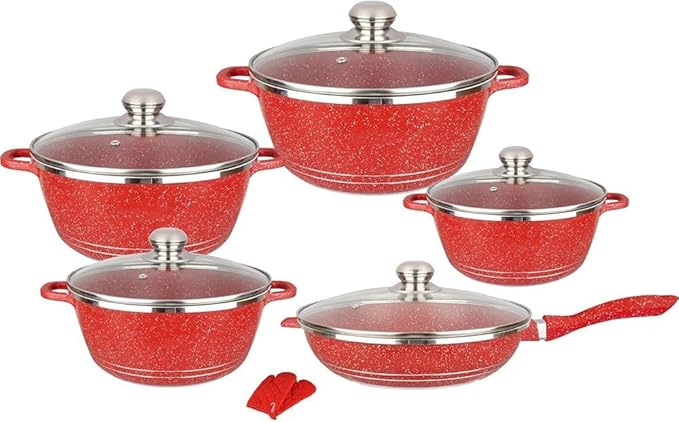Nonstick Cookware Sets Granite Cooking Pots And Pans With Glass LidsMarble Coated Aluminium Home Kitchenware Pots And Pans Sets With SaucepansFrying PanStock Pot10 Piece(Color:Red)