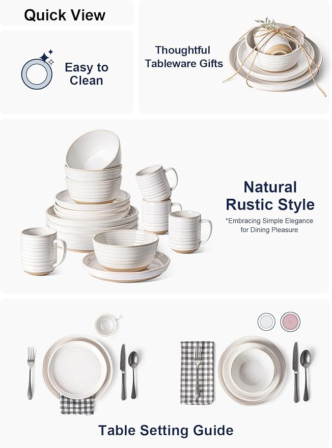 LE TAUCI Dinnerware Sets 16 PCS Stoneware Plates and Bowls Set House Warming Wedding Present Serve for 4 (10 Dinner Plates + 8 Salad Dish + 28 oz Cereal Bowl+12oz coffee mugs) x 4 Arctic White