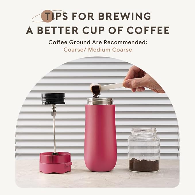 BENFUCHEN Travel Coffee Press Vacuum Insulated Portable French Press Stainless Steel Portable Coffee Maker/Tea Press 12oz Rose Red