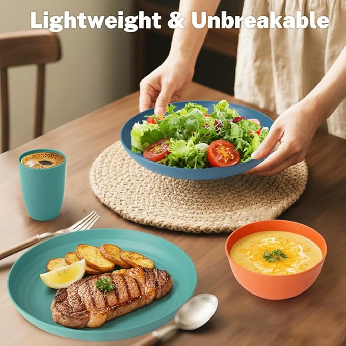 Wheat Straw Dinnerware Sets for 8 Unbreakable Plates and Bowls Sets for 8 32-Piece Dishes Set Microwave Safe Plastic Plates Reusable Cups and Bowls Sets for Kitchen Outdoor - Multi