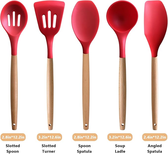 Silicone Cooking Utensils Set 5Pcs Non-Stick Silicone Kitchen Utensils for Cooking Heat Resistant Kitchen Gadgets Spatula Spoon Turner Set with Wooden Handles for Non-Stick Cookware BPA Free