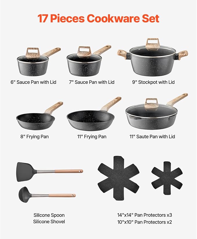 Happybuy 17-Piece Nonstick Granite Cookware Set - Induction Compatible Kitchen Pots &amp Pans with Glass Lids Frying Pans &amp Protectors for RV &amp Home Cooking (Black)