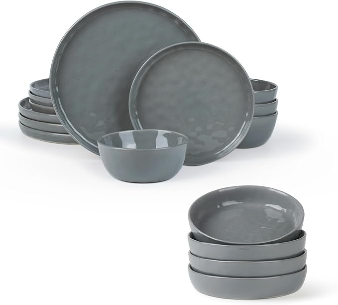 Famiware Mars Plates and Bowls Set for 4 16 Pieces Dinnerware Sets 8.5 Pasta Bowls for Serving Dark Gray