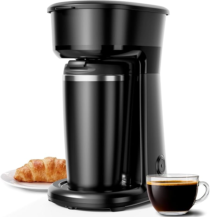Kismile Personal Single-Serve Coffee Maker Compact Brewer with 14oz Thermal Travel Mug Stainless Steel Interior Compatible with Coffee Grounds &amp Reusable Filter Ideal for Home &amp Travel