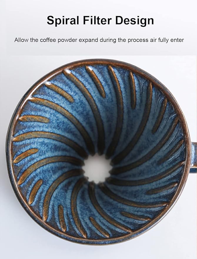 Ceramic Coffee Dripper Filter 60 Angle Tapered 02-4Cup Pour Over Coffee Ceramic Hand Brew Outdoor Cup Retro Filter Set Reusable Portable Coffee Maker (2/4 People Large - Sky Blue)