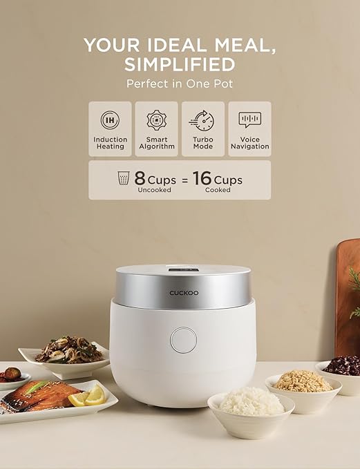 CUCKOO Micom Rice Cooker 8-Cup Uncooked / 16-Cup Cooked with Induction Heating Technology Versatile Rice Maker with 12 Menu Options and Steam Plate Voice Guide White (CR-HA0810FW)