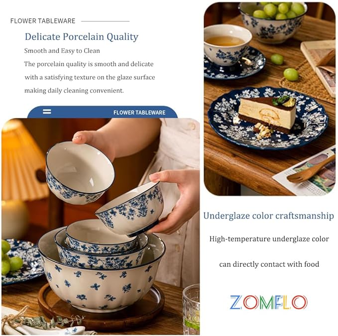 Ceramic Dinnerware Sets for 4 12 Pieces Dishes Set for Kitchen Porcelain Floral Plates and Bowls Set Microwave and Dishwasher Safe Scratch Resistant Underglaze painting (Floral Blue)