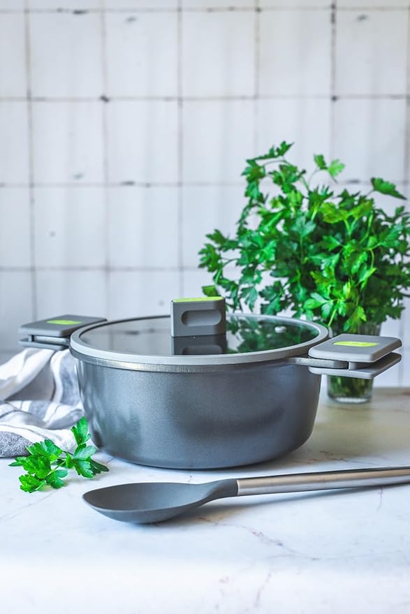 BRA COOKWARE Life 12-Piece Ceramic Cookware Set | Recycled Cast Aluminum Pots &amp Pans Set w/ 2 Pots 1 Sauté Pan 3 Pans 1 Saucepan 1 Grill 4 Lids | Ceramic Non-Stick Coating | All Stovetops