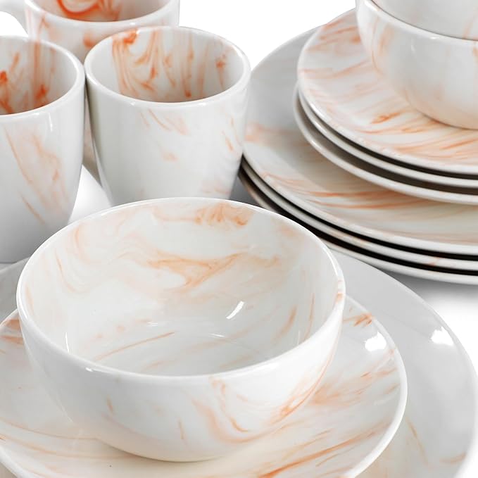 16 Piece Porcelain Marble Dinnerware Set in Red and Orange – Service for 4 Dishwasher &amp Microwave Safe (Orange)