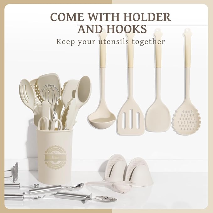 Kikcoin 43Pcs Large Kitchen Utensils Set - Silicone Cooking Utensils Set Dishwasher Safe Spatula Set for Non-stick Cookware 446°F Heat Resistant Kitchen Utensils Set with Holder BPA Free Cream