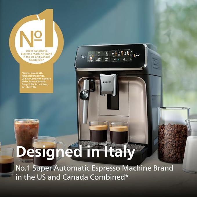 Philips 3300 Series Fully Automatic Espresso Machine with integrated milk frother and grinder 5 Hot &amp Iced Coffee Pre-Sets 40% Quieter SilentBrew 15-Bar Pressure Glossy Black (EP3326/90)
