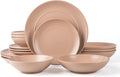 RINGAR Round Stoneware 16pc Double Bowl Dinnerware Set for 4 Dinner Plates Side Plates Cereal Bowls Pasta Bowls - Speckle Matte Coral (407490)