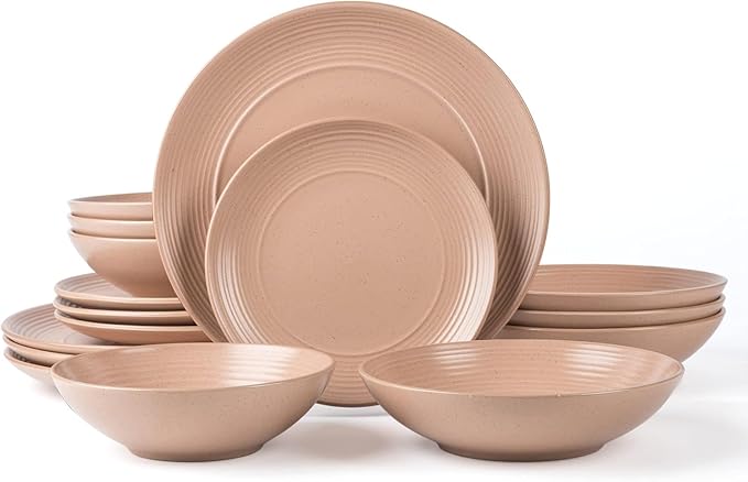 RINGAR Round Stoneware 16pc Double Bowl Dinnerware Set for 4 Dinner Plates Side Plates Cereal Bowls Pasta Bowls - Speckle Matte Coral (407490)