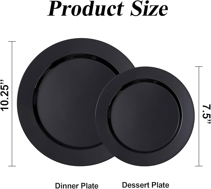 BESTSTAR 200PCS Black Plastic Plates Set 100 10.25 inch Dinner Plates and 100 7.5 inch Dessert Plates Premium Disposable Plates for Party Wedding