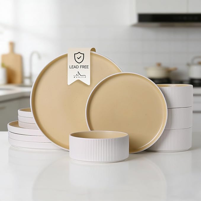 MONITO Ceramic Dinnerware Sets for 4 12PCS Stoneware Plates and Bowls Sets Reactive Glaze Dish Set Chip and Scratch Resistant Double Microwave and Dishwasher Safe White Orange
