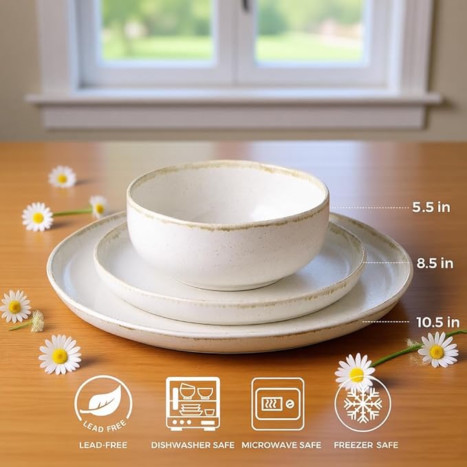 AmorArc Ceramic Dinnerware Sets Wavy Rim Stoneware Plates and Bowls Sets Highly Scratch Resistant | Dishwasher &amp Microwave Dishes set Service for 6 (18pc)-Speckled Cappuccino