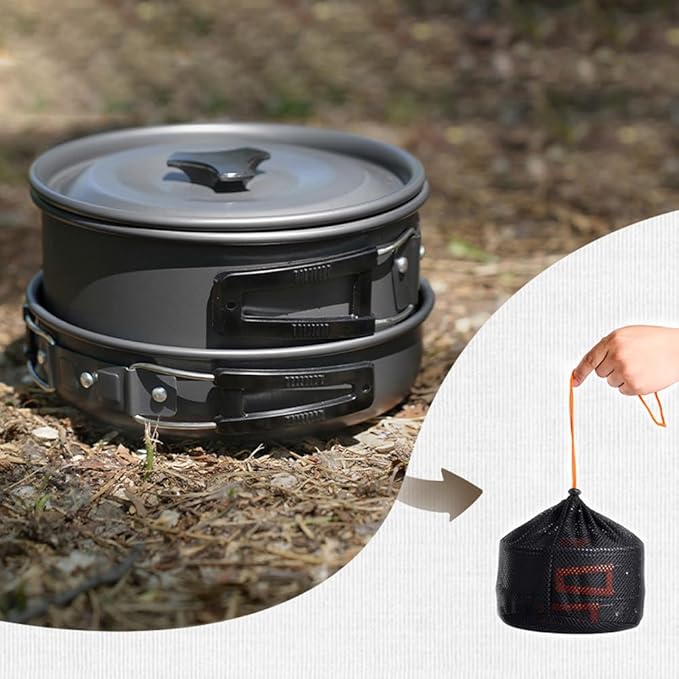 EVTSCAN Camping Hiking Cookware Set Outdoor Portable Picnic Cookware Kit Alumina Pot Frying Pan Set Travel Cooking Accessory