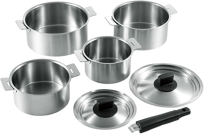 Yokoyama SE-28 Removable Handle Pot Set For Induction and Gas Made in Japan 4-Piece Set 5.5 6.3 7.1 7.9 7.9 inches (14 16 18 20 cm)