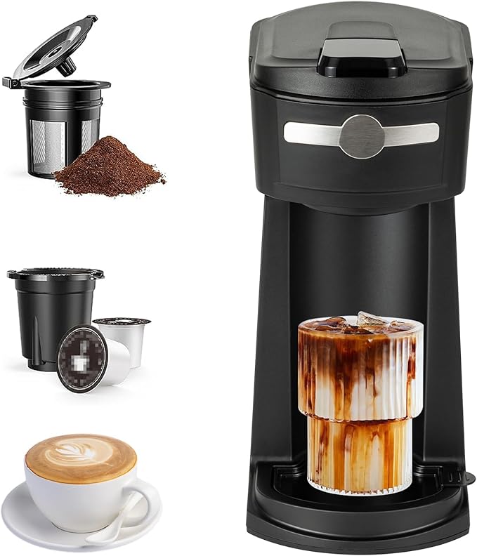Single Serve K Cup Coffee Maker 2 in 1Machine6 to 14 0z Brew SizesAuto Shut Off&amp Reusable FilterUse Coffee Capsule&ampGroundCoffee&ampLoose Leaf TeaIced CoffeeBlack